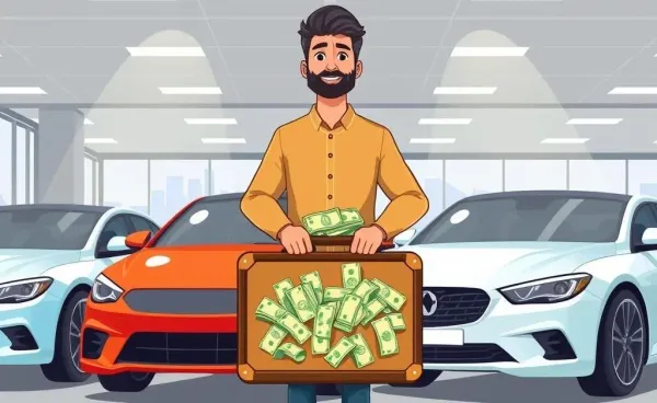 A person in a car dealership holding a suitcase full of cash in front of a new car.