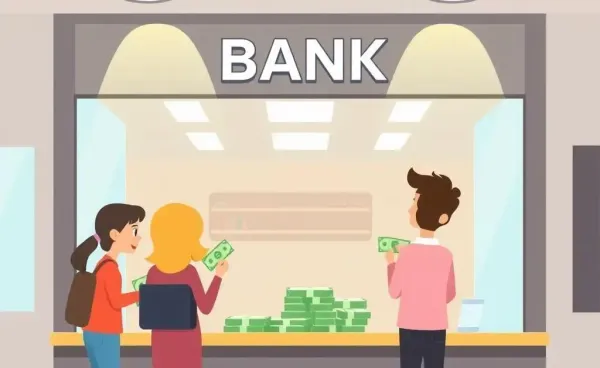 Illustration of a bank interior with people depositing cash.