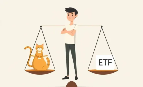 Cartoon illustration of a balance comparing cat bonds and ETFs