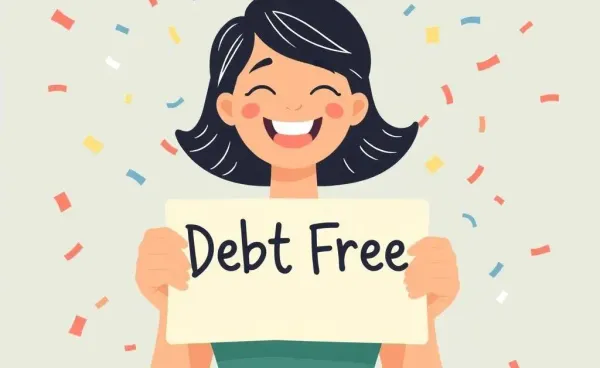 A person celebrating with a 'Debt-Free' sign surrounded by confetti.