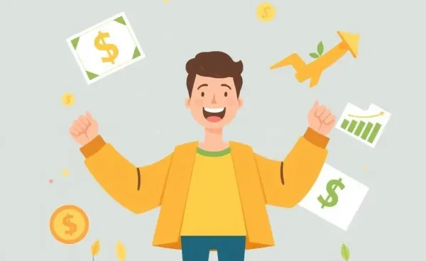 A cheerful person with symbols of financial growth