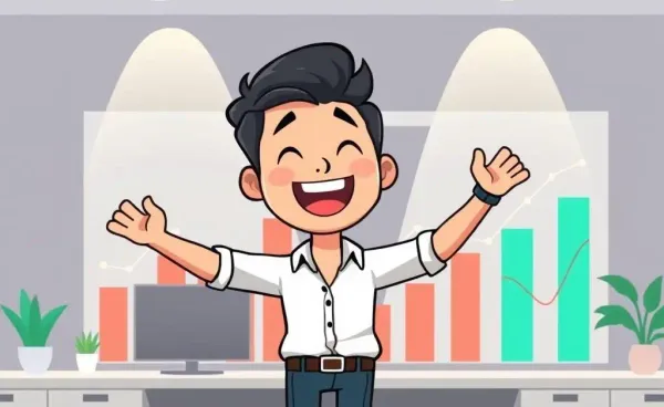 A cartoon depiction of a young professional celebrating with financial charts in the background.