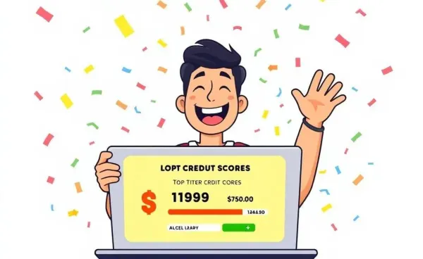 Person celebrating a high credit score on their laptop