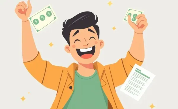 A person joyfully celebrating with lottery tickets and financial documents around them.