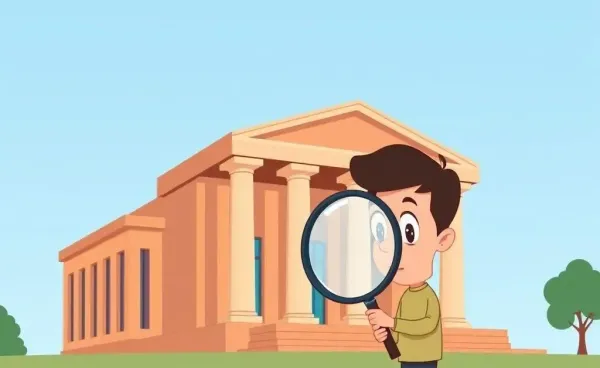 Central bank building with a magnifying glass exploration theme