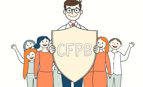 A friendly financial advisor holding a CFPB shield, protecting happy people.