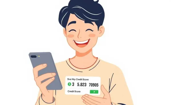 A person happily checking their credit score on a mobile device