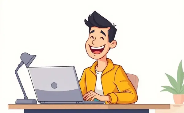 A cheerful investor checking stock portfolio on a laptop