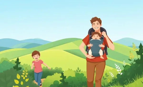 A family using a child carrier on a hiking trail