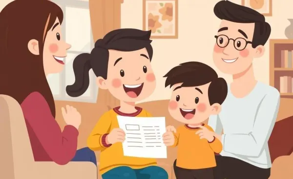 A child happily showing a report card to parents.
