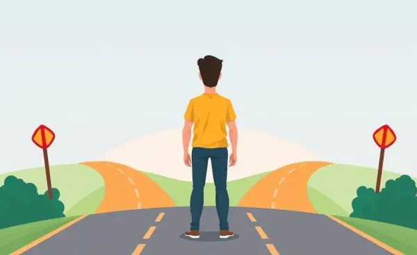 A person contemplating choices at a crossroad