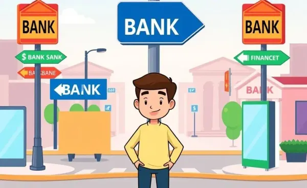 Person at crossroads with different bank signs