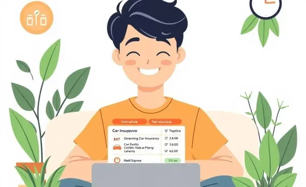 A young person happily comparing car insurance options on a laptop