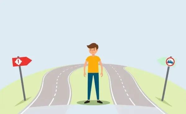 Person choosing between two car insurance options with signposts