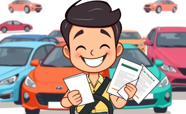 Happy driver holding car insurance documents with different cars