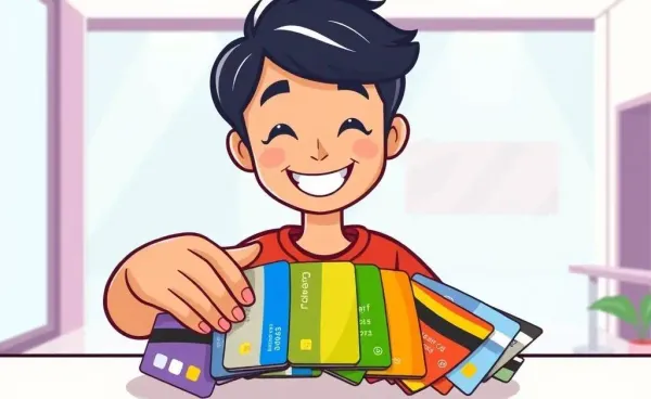 Person joyfully selecting a credit card from various options on a table