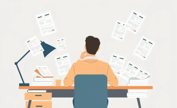 Person surrounded by health insurance documents, looking contemplative