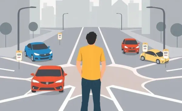 Person deciding between different cars at a crossroads