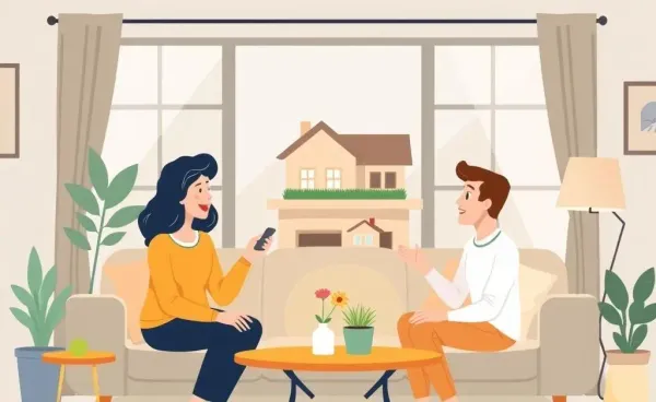 A cartoon illustration of two people having a friendly conversation in a cozy living room.