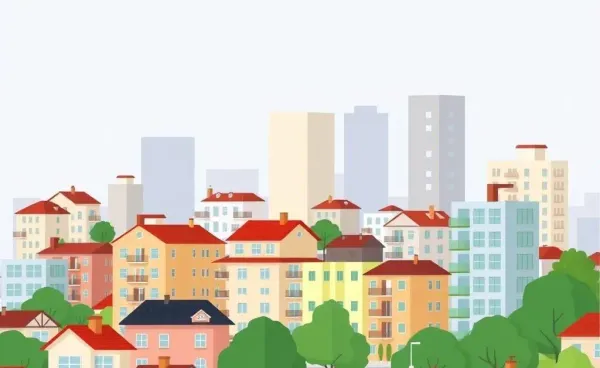 Illustration of a cityscape with houses and apartments