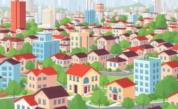 Cartoon-style cityscape representing real estate affordability