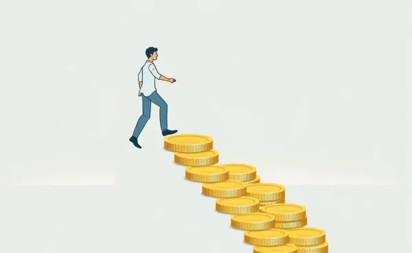 Person climbing a staircase made of coins towards financial freedom
