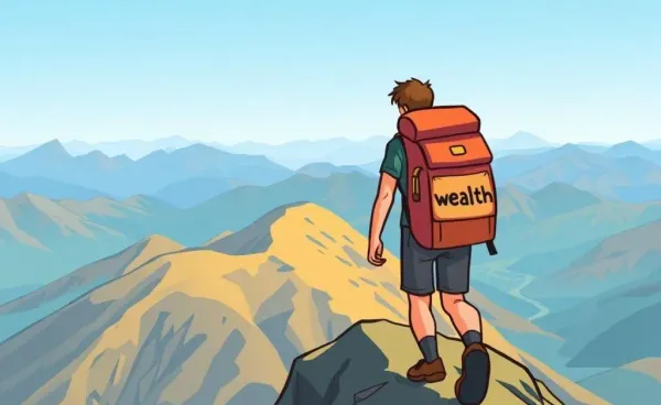 A person climbing a mountain with a backpack labeled 'wealth'.