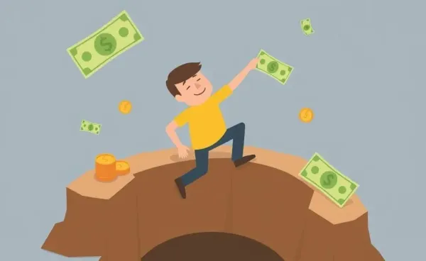 A person climbing out of a financial hole with bills and coins