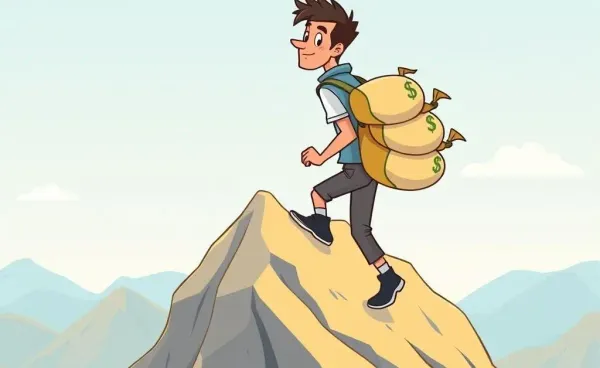 Person climbing a mountain with money bags, symbolizing wealth-building challenges