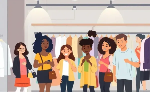Cartoon depiction of people shopping for clothes in a store