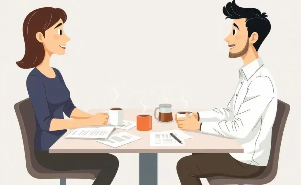 Two people discussing a co-owned home sale over a table