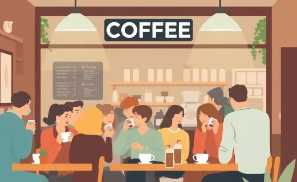 A bustling coffee shop with patrons enjoying beverages.