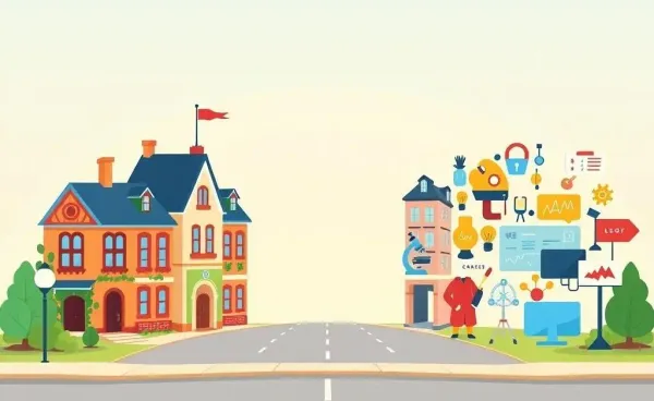 Image depicting choices at a crossroads between college and various careers