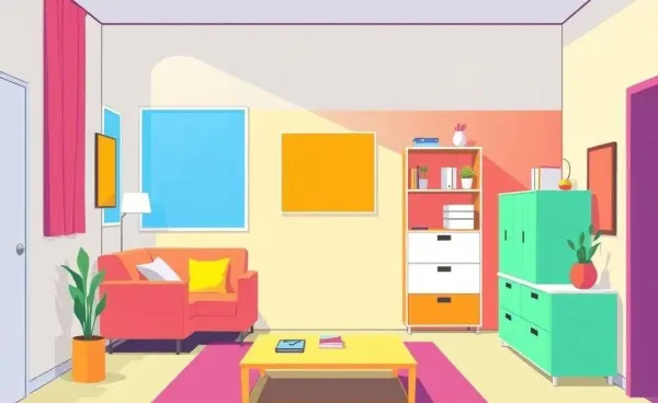 A vibrant, color-coded room showcasing organized sections by color.