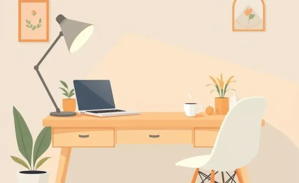 A comfortable home office setup with a desk and laptop.