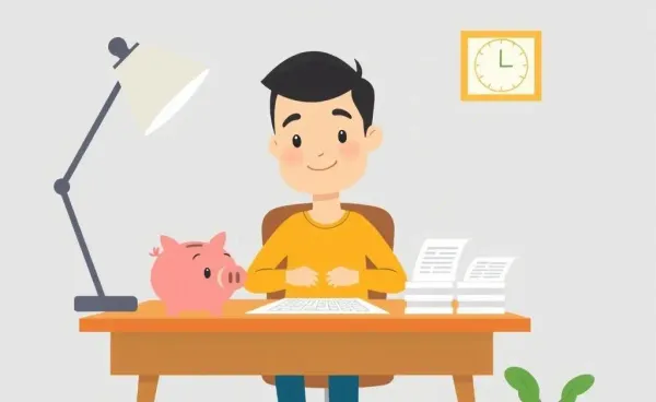 A person at a desk with a piggy bank and financial documents, feeling confident about saving