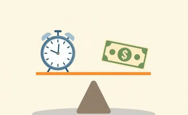 A seesaw with a clock on one side and a dollar bill on the other, symbolizing the balance between time and money.