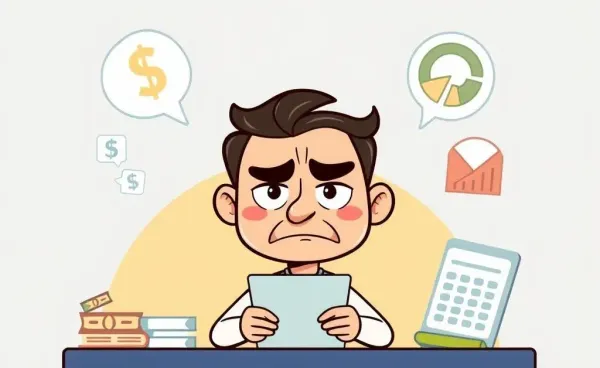 Cartoon character scratching head over a stack of bills