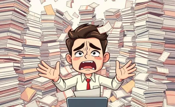 A cartoon person looking overwhelmed with budget calculations, surrounded by bills and receipts.