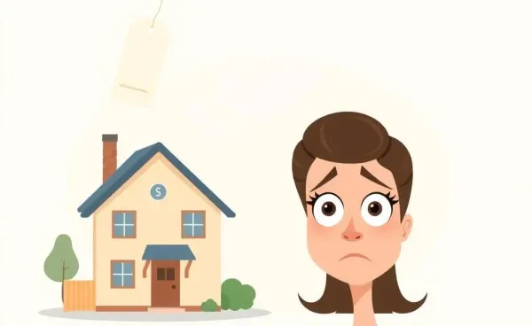 A cartoon woman overwhelmed by a large price tag on a house