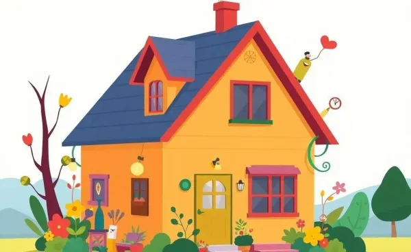 A welcoming yet quirky cartoon-style house, hinting at surprises within