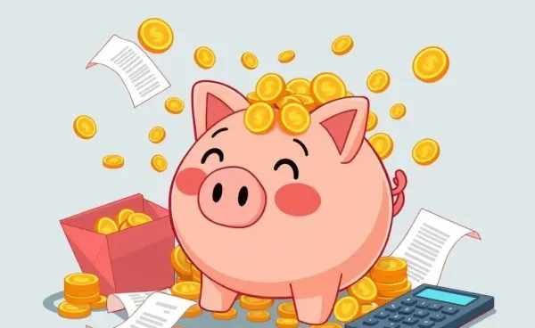 A whimsical cartoon of a piggy bank overwhelmed with coins and receipts, hinting at budgeting issues.