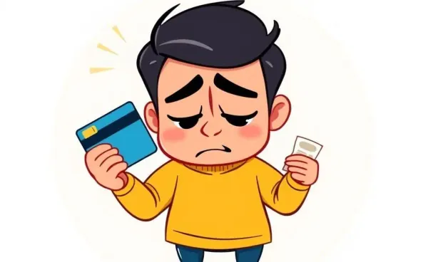 A cartoon character stressed over budgeting, holding a credit card and receipts