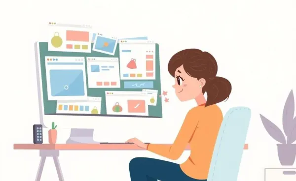An overwhelmed shopper at her desk with several online shopping tabs open on her computer screen