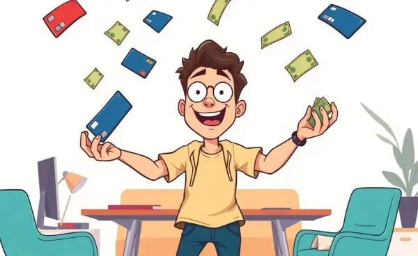A cartoon person humorously overwhelmed by credit cards and bills