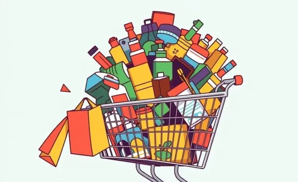 Comic illustration of an overflowing shopping cart from a shopping spree.
