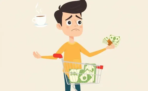 A person juggling shopping, coffee, and bills looking perplexed