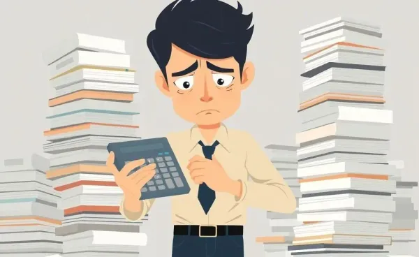 A young professional with a calculator looking overwhelmed by paperwork