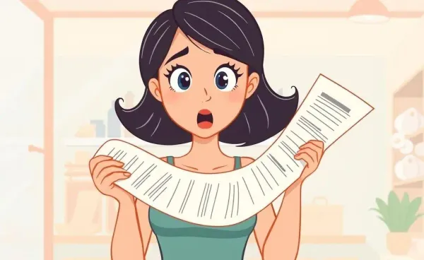 A woman looks shocked at a long shopping receipt, symbolizing an overextended budget