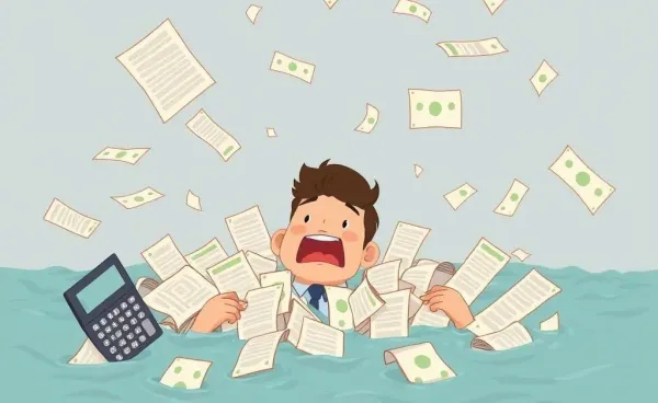 A comically overwhelmed person surrounded by flying bills and calculators